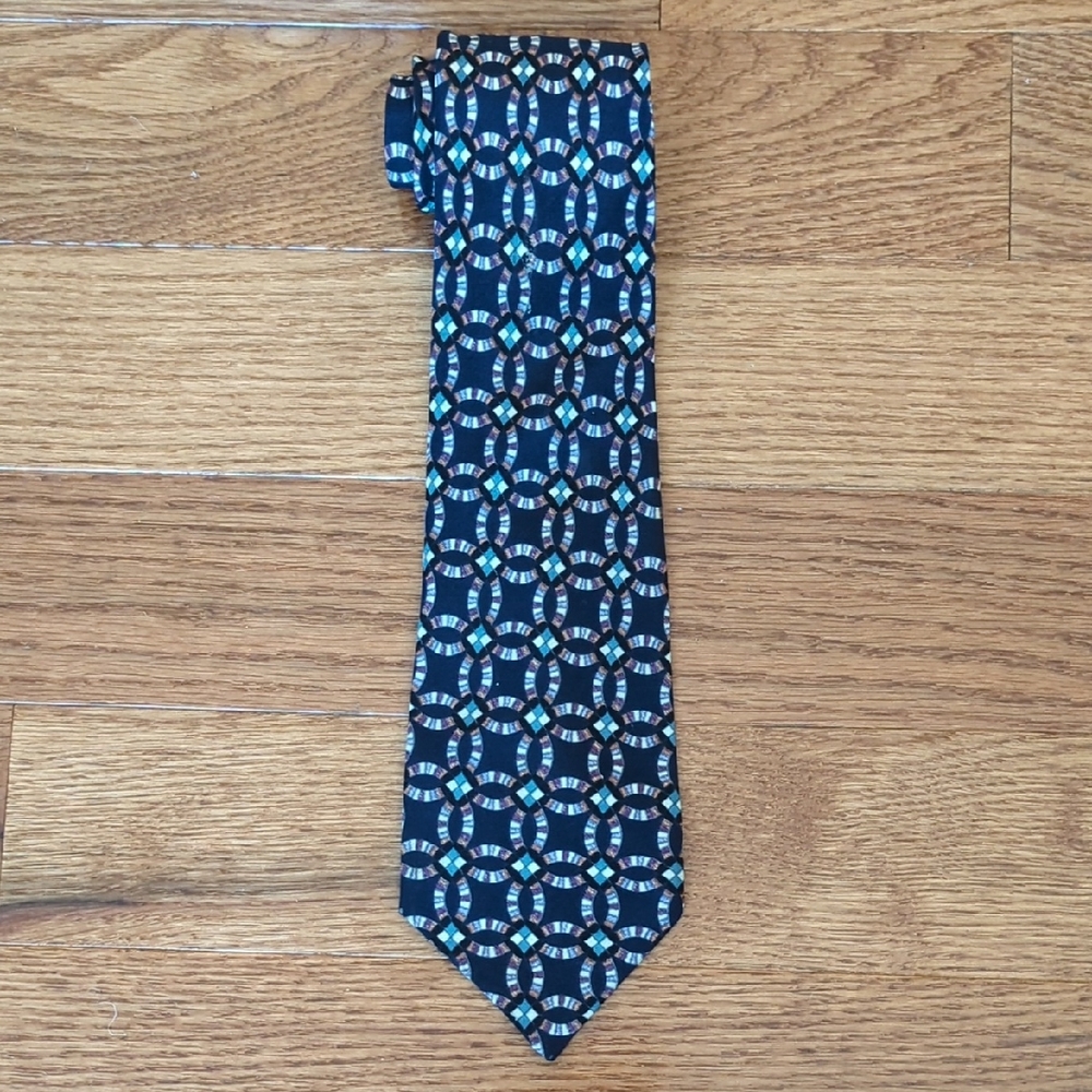 Polifroni Milano Vintage Navy Geometric Chain Pattern 100% Italian Silk Necktie